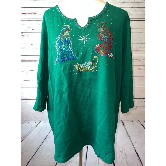 NWOT‎ Quacker Factory Nativity Shirt Plus Size 1X Rhinestones Ugly Christmas top - Picture 7 of 10
